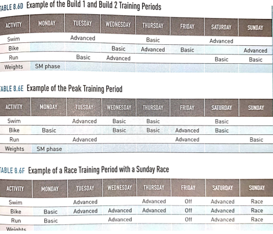 Advanced 
Basic 
ekightS SM phase 
Example of the Build 1 and Build 2 Training Periods 
SITuR0h 
Adv a n v •ed 
Basic 
ISLE 8.åE Example of the Peak Training Period 
••ruE50hv 
Weights SM phase 
aasic 
Ad" nced 
Bas 
Basic 
ed 
LELE 6F Erample Of a Race Training Period a Sunday Race 
Advanced 
Advanced 
Advanced 
SUNNI 
Race 
Race 